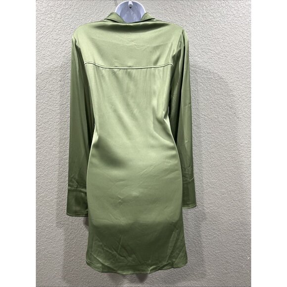 12th Tribe Shirt Dress Womens M Sage Pistachio Satin Mini Green Drape Tie Waist - Picture 3 of 9